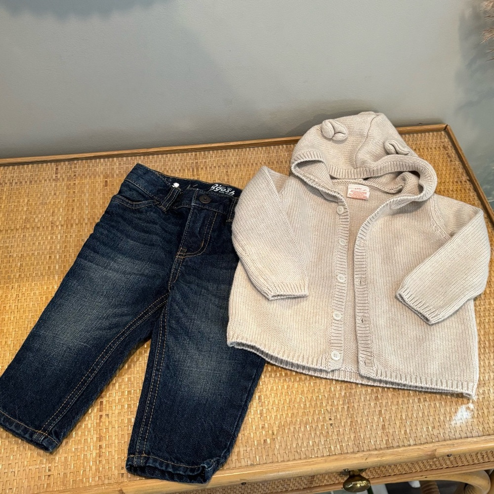 Cat & Jack 6M organic cotton Cream Hooded Cardigan & B’gosh denim pants Set